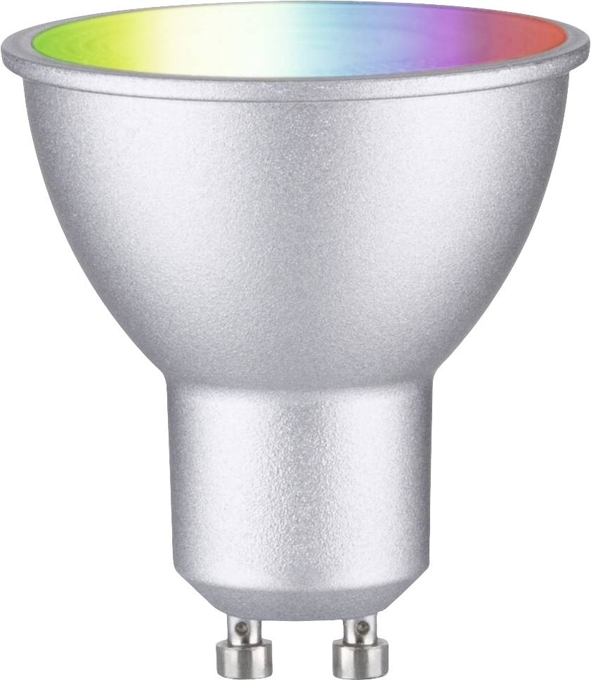 Eine silberne LED-Spotlampe mit GU10-Sockel, die oben Licht in Regenbogenfarben ausstrahlt.