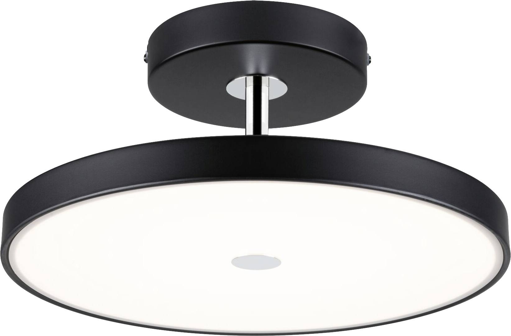 Schwarze Deckenleuchte mit flacher, runder Form und weißem Diffusor in der Mitte. Moderne, minimalistische Gestaltung.