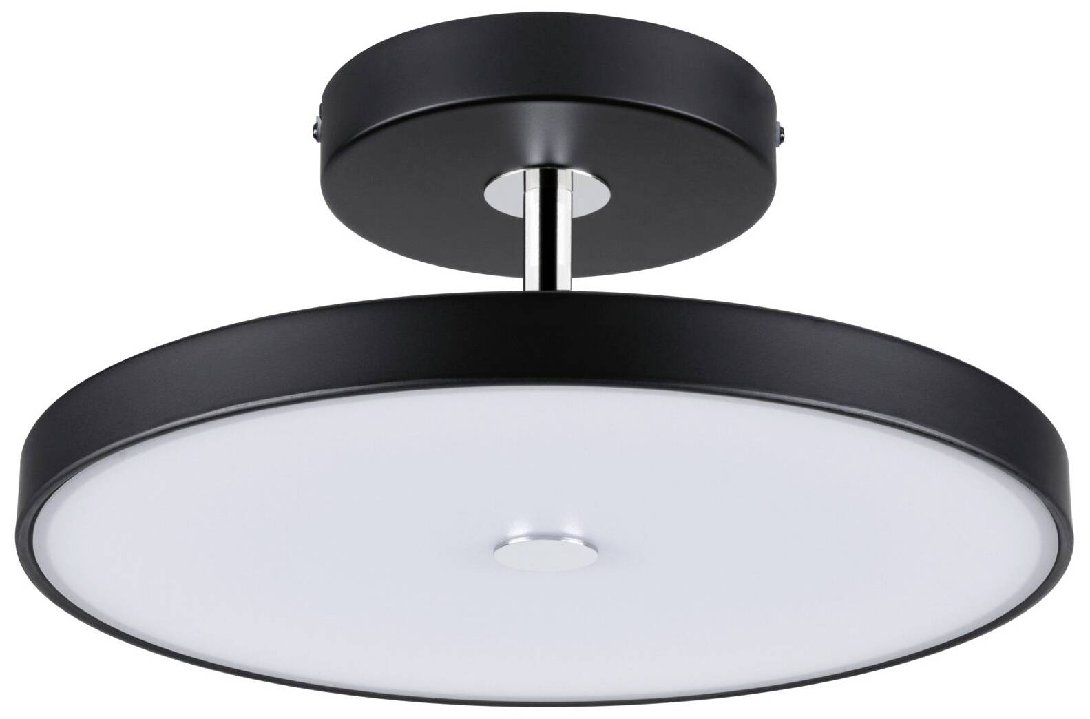 Eine runde, schwarze Deckenleuchte mit einfachem Design. Sie hat eine weiße Abdeckung, die das Licht gleichmäßig verteilt.