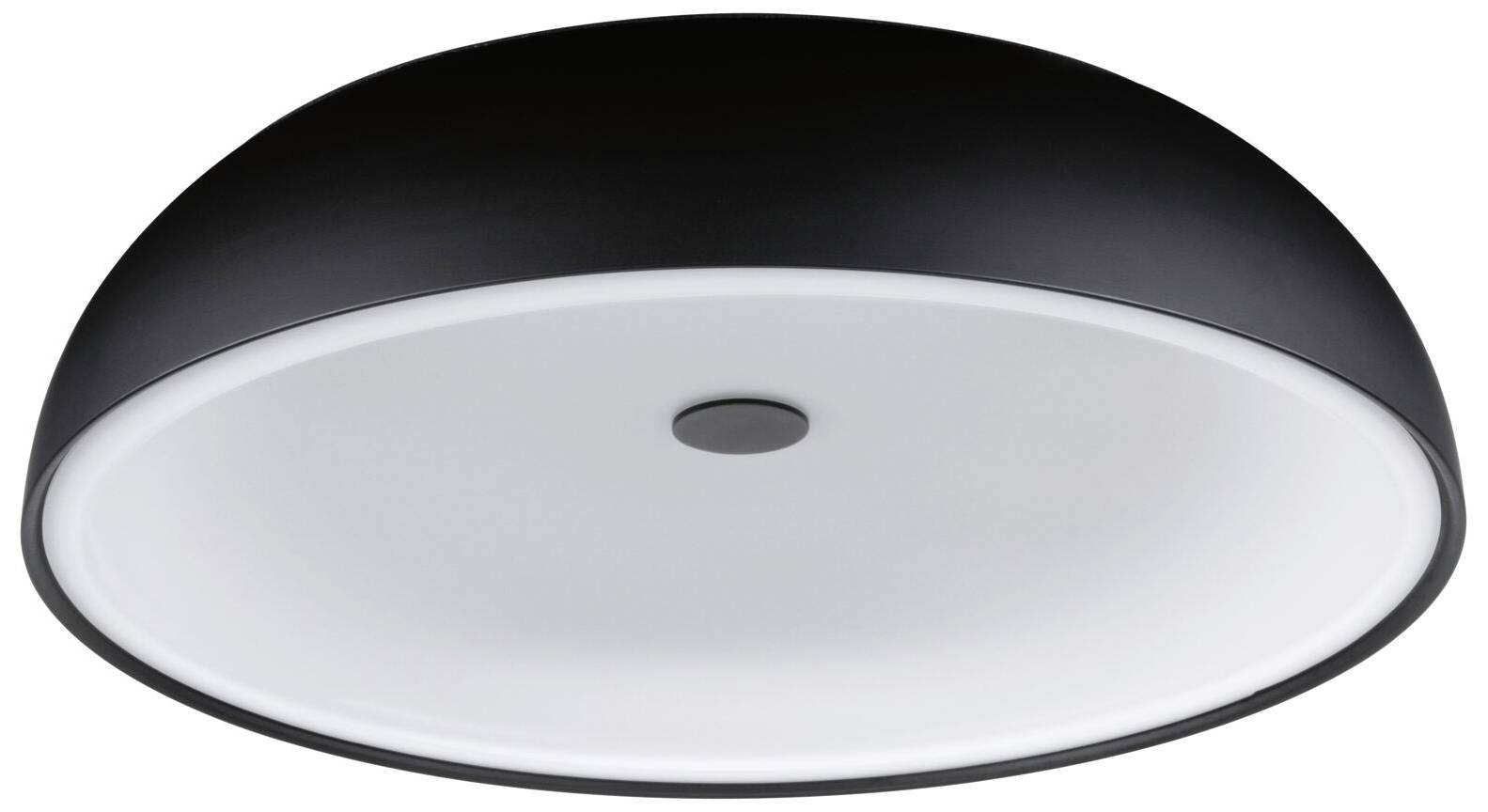 Schwarze Deckenleuchte, rund, mit weißem Diffusor, modern und schlicht, geeignet für Wohn- oder Büroräume.