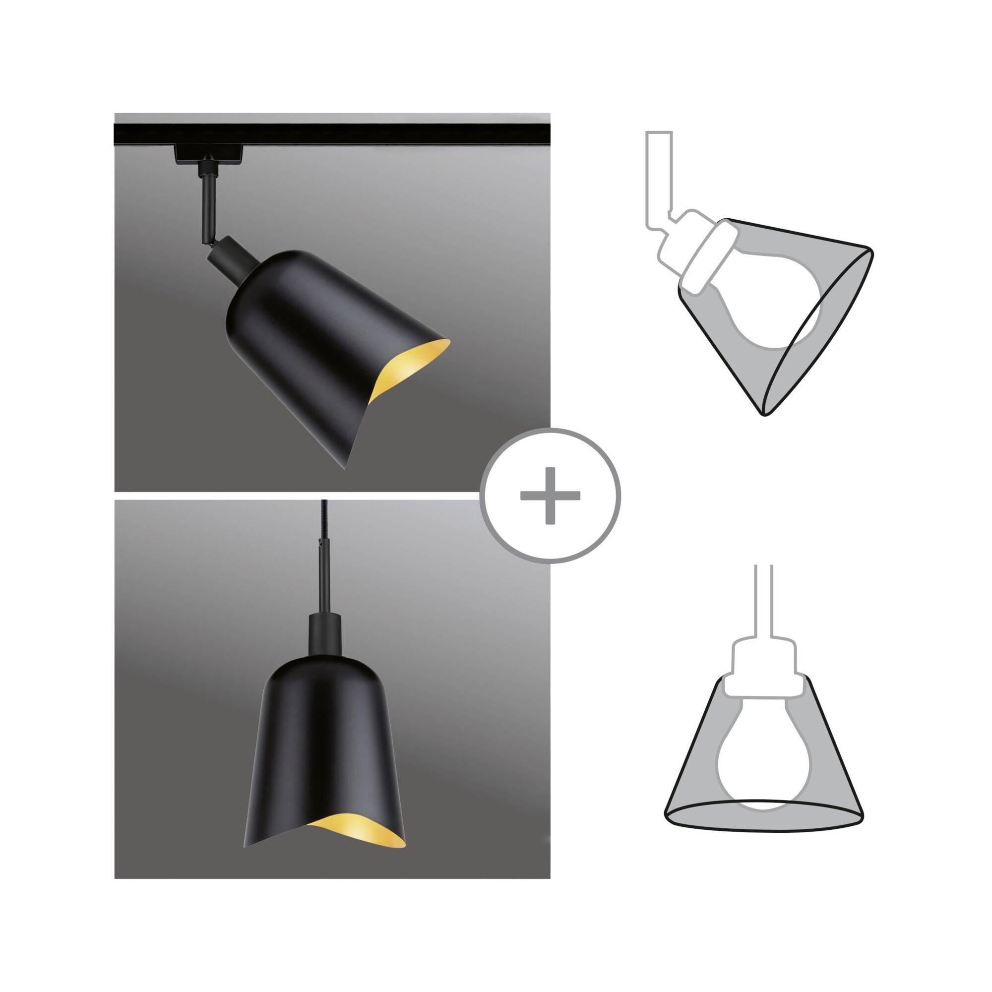 Zwei schwarze Deckenleuchten mit goldenen Innenseiten; eine mit Schiene, die andere hängend. Zeichnungen daneben zeigen ihre Formen.