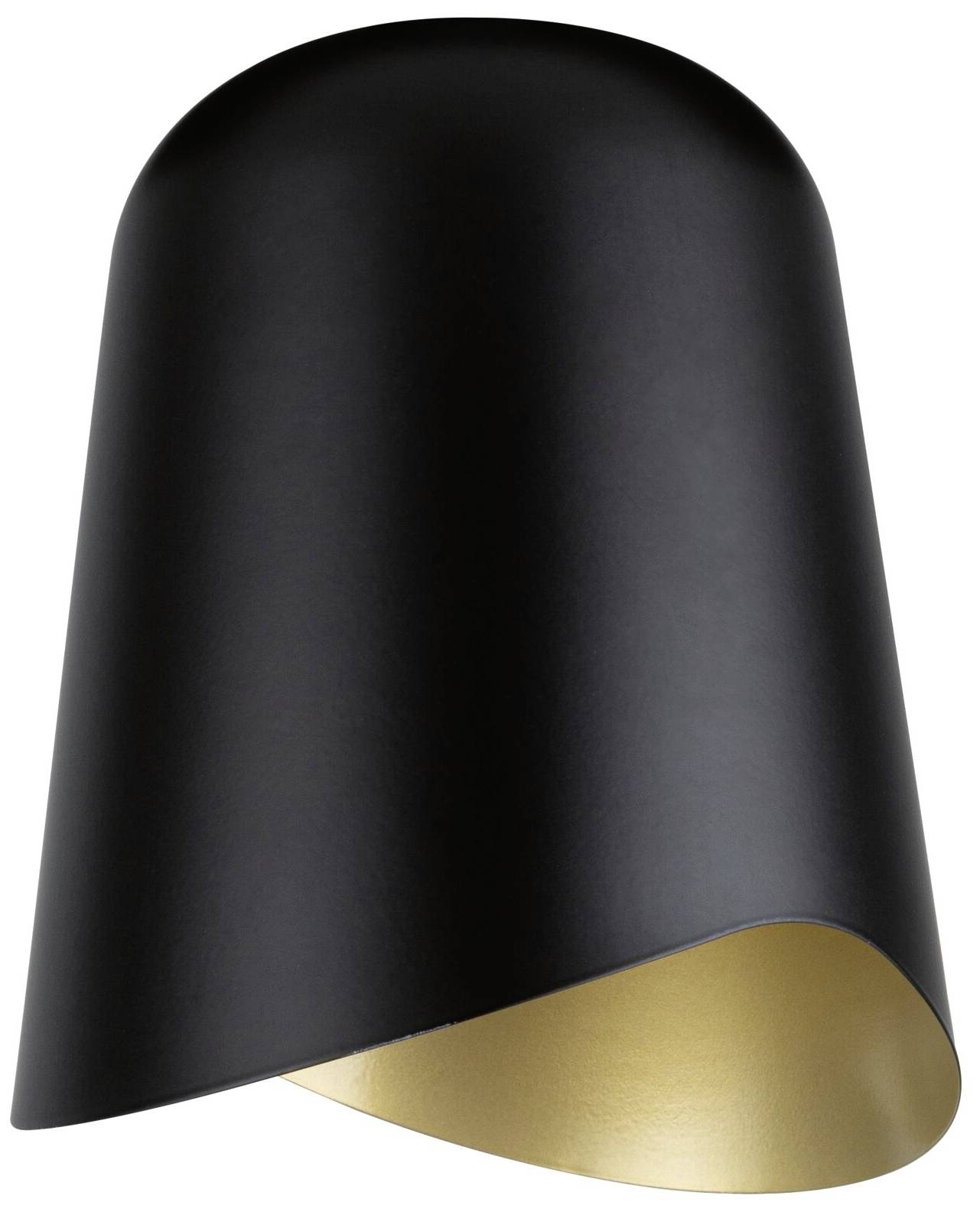 Schwarzes, konisch geformtes Wandlampe mit einer goldenen Innenseite. Die Lampe strahlt weiches Licht nach unten ab.