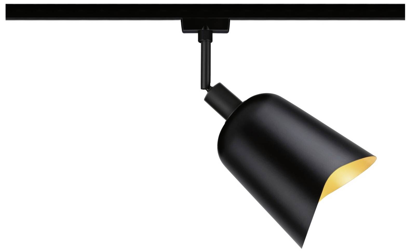 Schwarzer Deckenstrahler mit konischem Schirm, der nach unten leuchtet. Modernes Design für gezielte Beleuchtung.