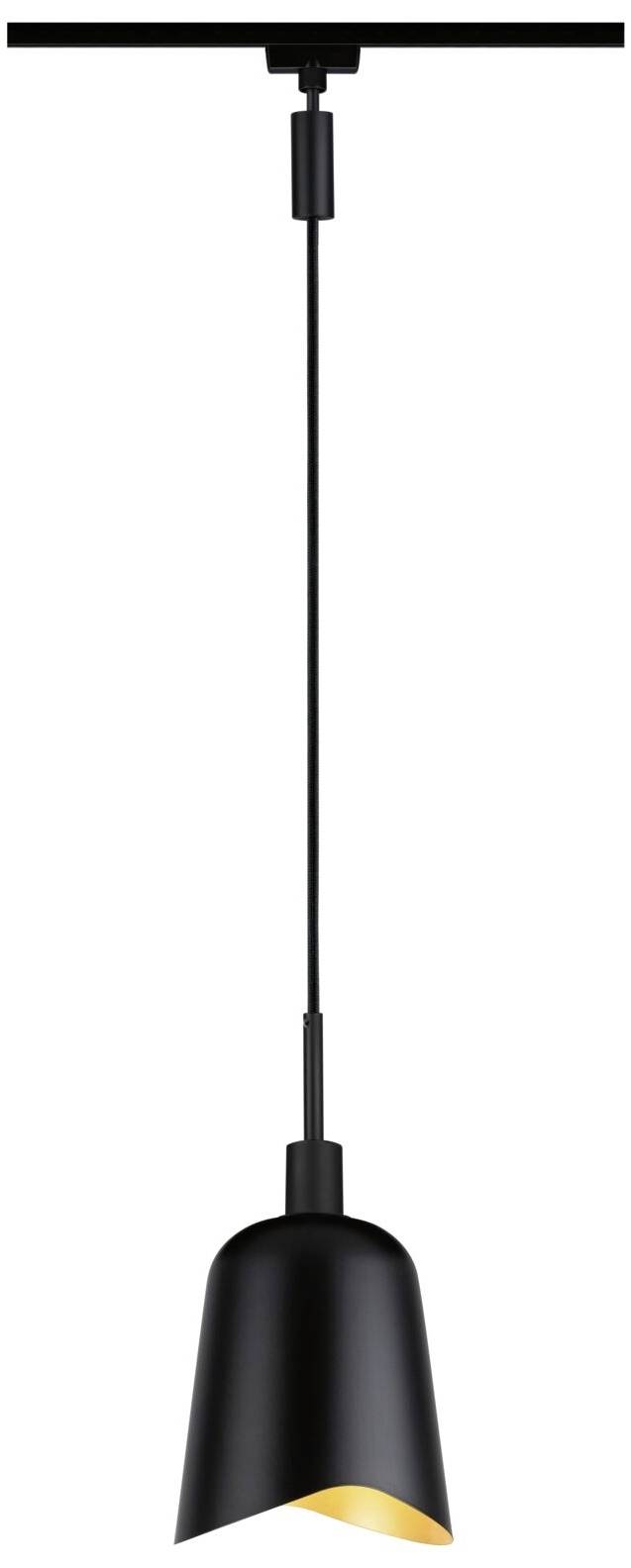 Eine schwarze Pendelleuchte mit schrägem Lampenschirm, der nach unten gerichtetes Licht abstrahlt. Ideal für moderne Innenräume.