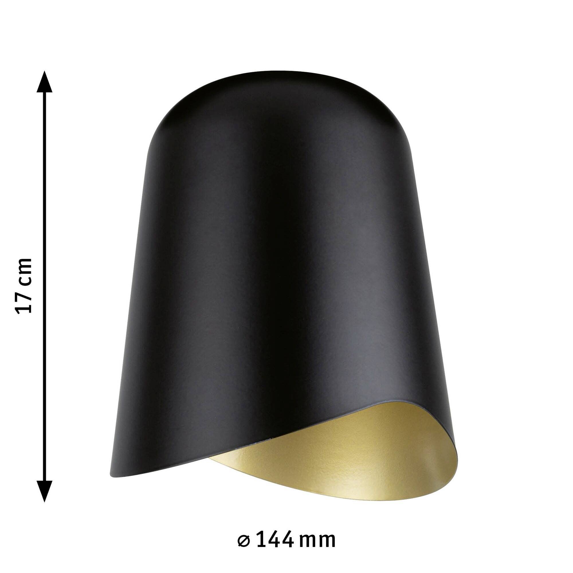 Schwarze Wandlampe mit goldener Innenfläche, 17 cm hoch und Durchmesser von 144 mm.