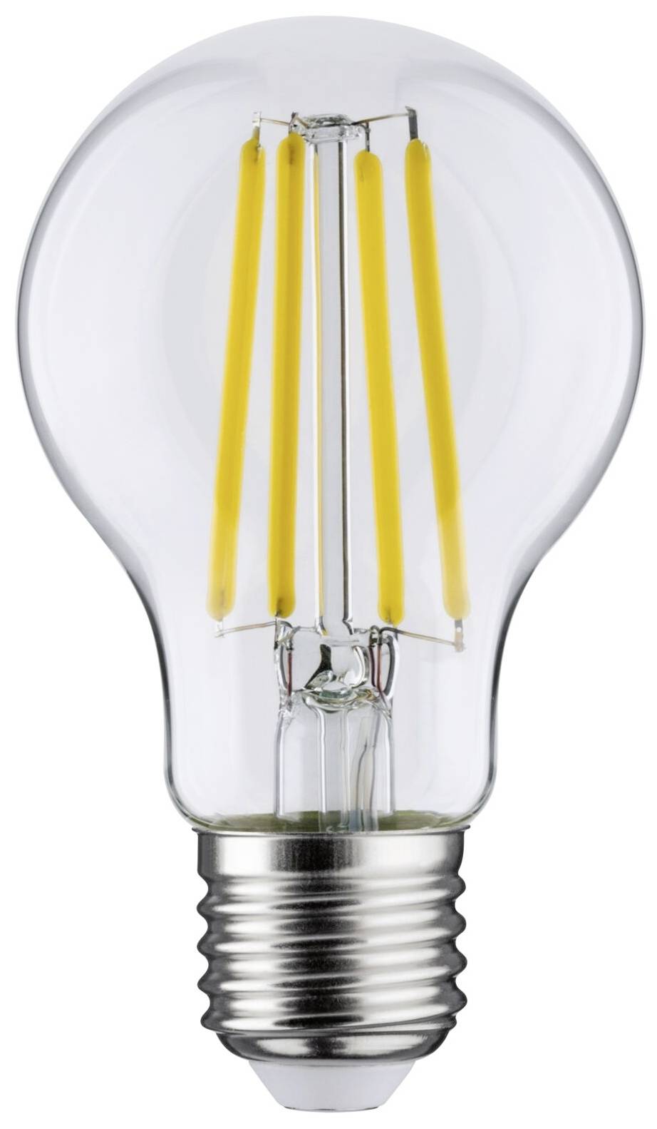 Glühbirne mit LED-Filamenten, transparentes Glas, Metallfassung.