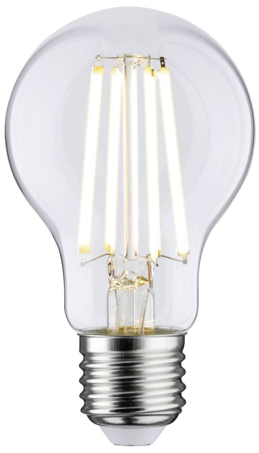 Eine klassische Glühbirne mit sichtbar leuchtendem Filament auf weißem Hintergrund.