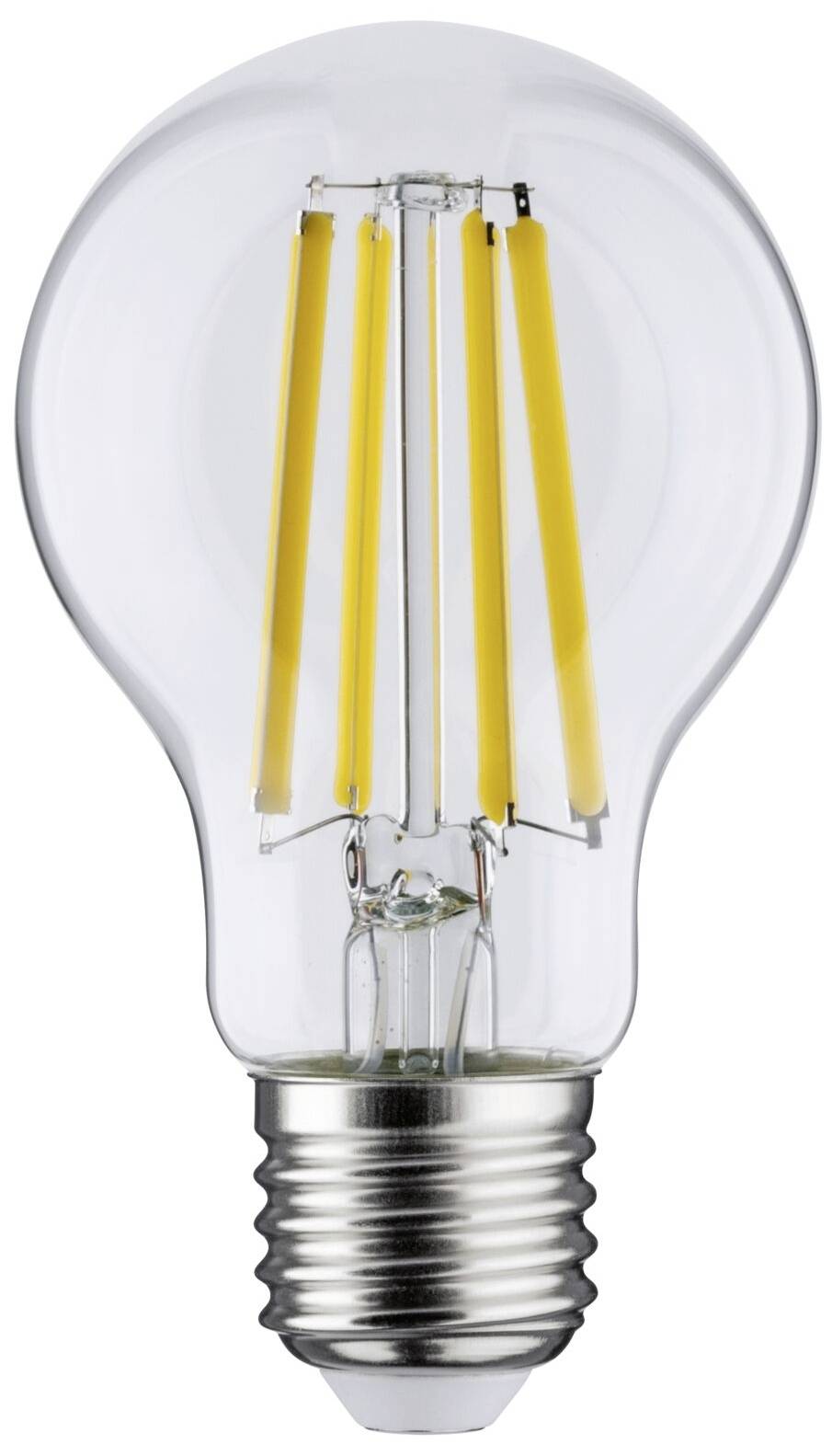 LED-Glühbirne mit klarer Oberfläche und gelben Filamenten, dargestellt vor einem weißen Hintergrund.