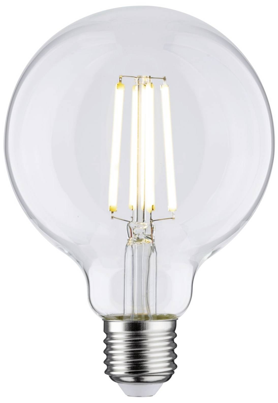 Eine klare Glühbirne mit sichtbarem Filament, die unbeleuchtet ist.