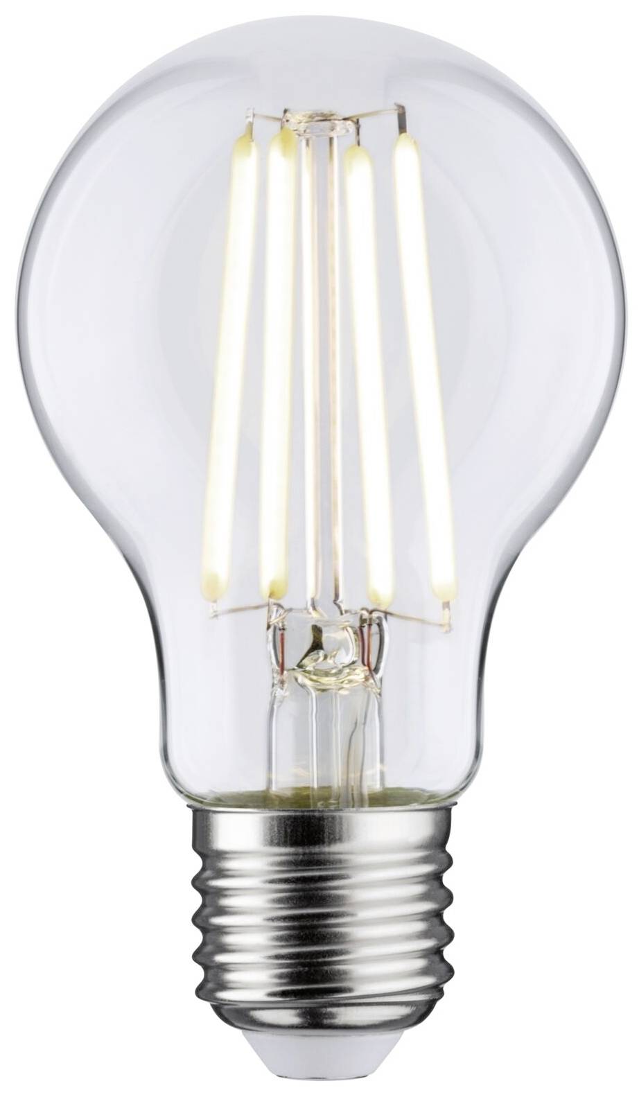Eine klare Glühbirne mit sichtbarem Filament und Schraubsockel. Sie leuchtet mit warmem Licht, geeignet für dekorative Beleuchtung.