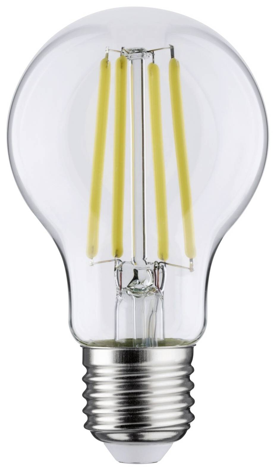 Eine Glühbirne mit LED-Filamenten und Metallgewinde, symbolisiert Energieeinsparung und modernes Design.