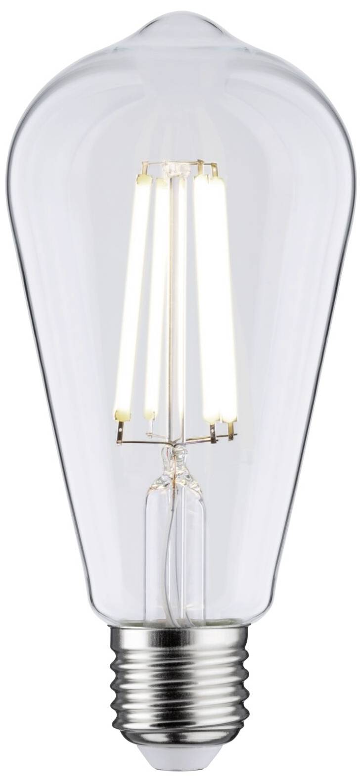 Eine transparente Glühbirne mit sichtbaren Filamenten leuchtet hell auf, vor einem neutralen Hintergrund.