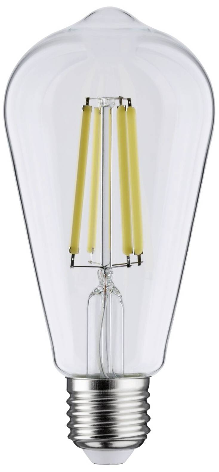 Eine klare Glühbirne mit sichtbaren Filamenten, die an eine Edison-Form erinnert.