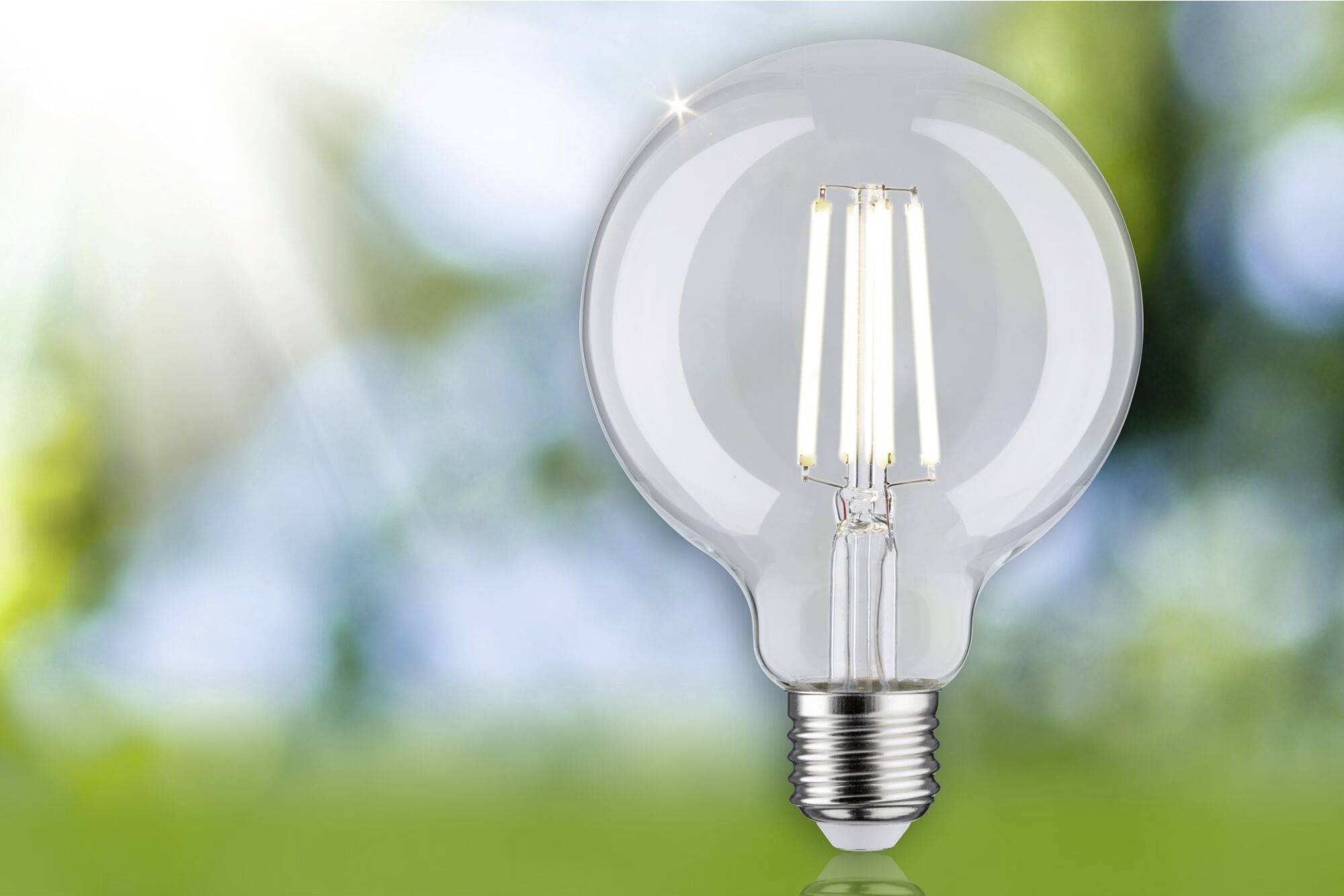 Eine Glühbirne, die Energie und Innovation symbolisiert, vor einem unscharfen grünen und blauen Hintergrund mit Sonnenlichtstrahlen.