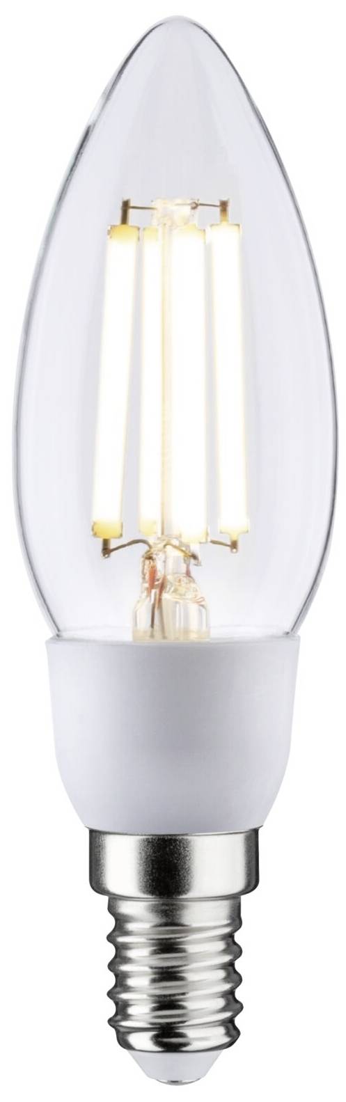 Eine LED-Kerzenbirne mit klarer Glasabdeckung und sichtbaren Filamenten. Geeignet für dekorative Beleuchtung.