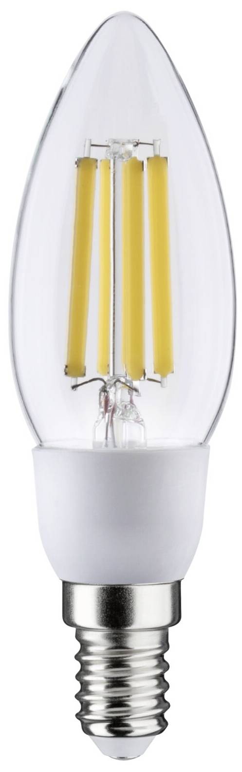LED-Glühbirne mit E14-Sockel, klarglas, sichtbare Glühfäden, energiesparend, birnenförmig.