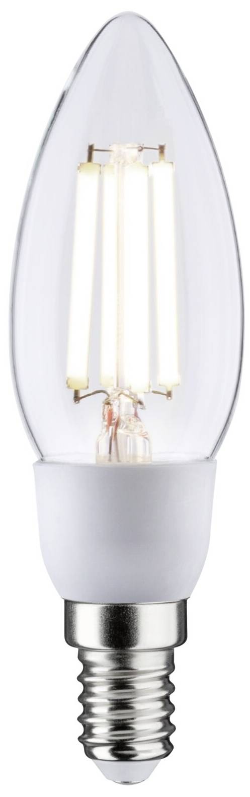 Eine LED-Glühbirne in Kerzenform mit E14-Sockel, klarer Glasverkleidung und sichtbaren Filamenten.