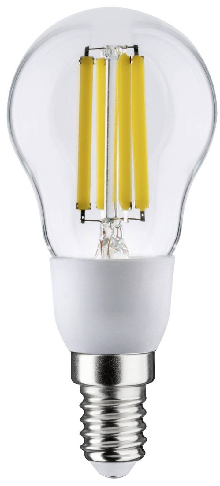 LED-Glühbirne mit Schraubsockel, durchsichtige Hülle, gelbe Filamente im Inneren sichtbar.