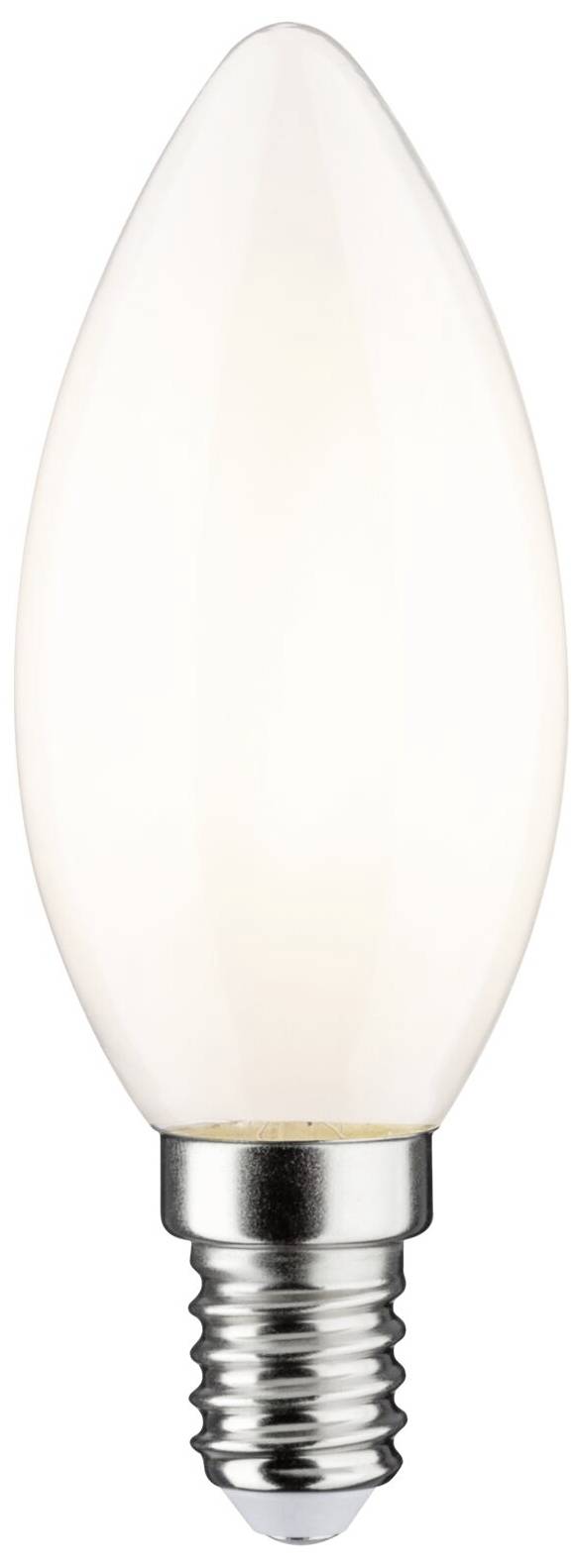 Eine kerzenförmige, opalweiße LED-Glühbirne mit E14-Sockel, geeignet für dekorative Leuchten.