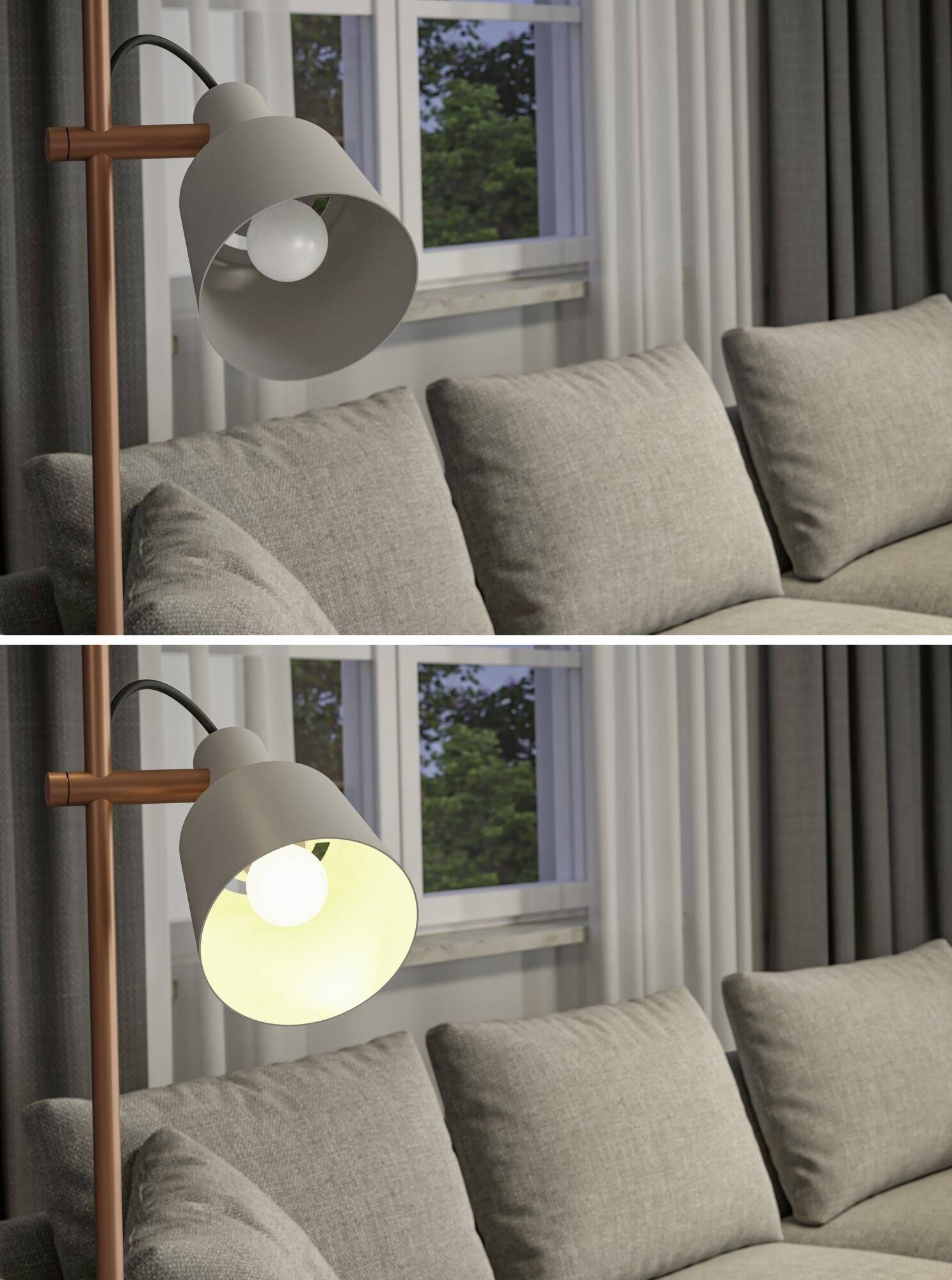Eine Stehlampe neben einem grauen Sofa. Oben ist die Lampe aus, unten ist sie eingeschaltet und leuchtet den Raum aus. Fenster im Hintergrund.