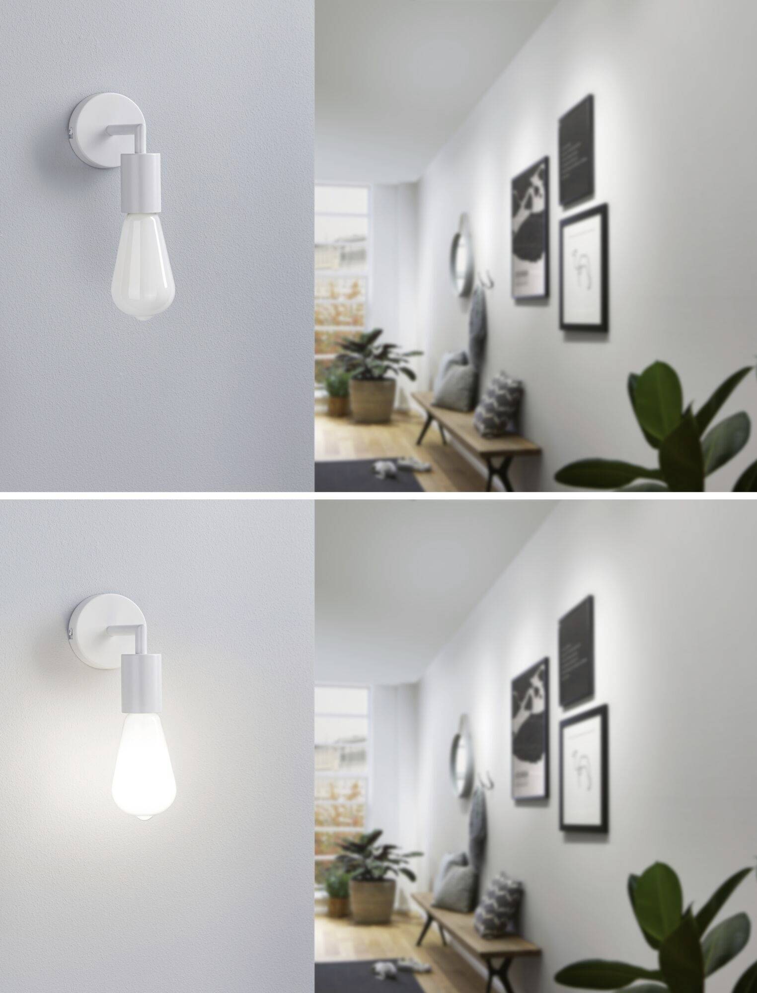Oben: Wandlampe aus, moderner Flur mit Pflanzen und Bildern an der Wand. Unten: Gleiche Szene, aber die Lampe ist eingeschaltet.