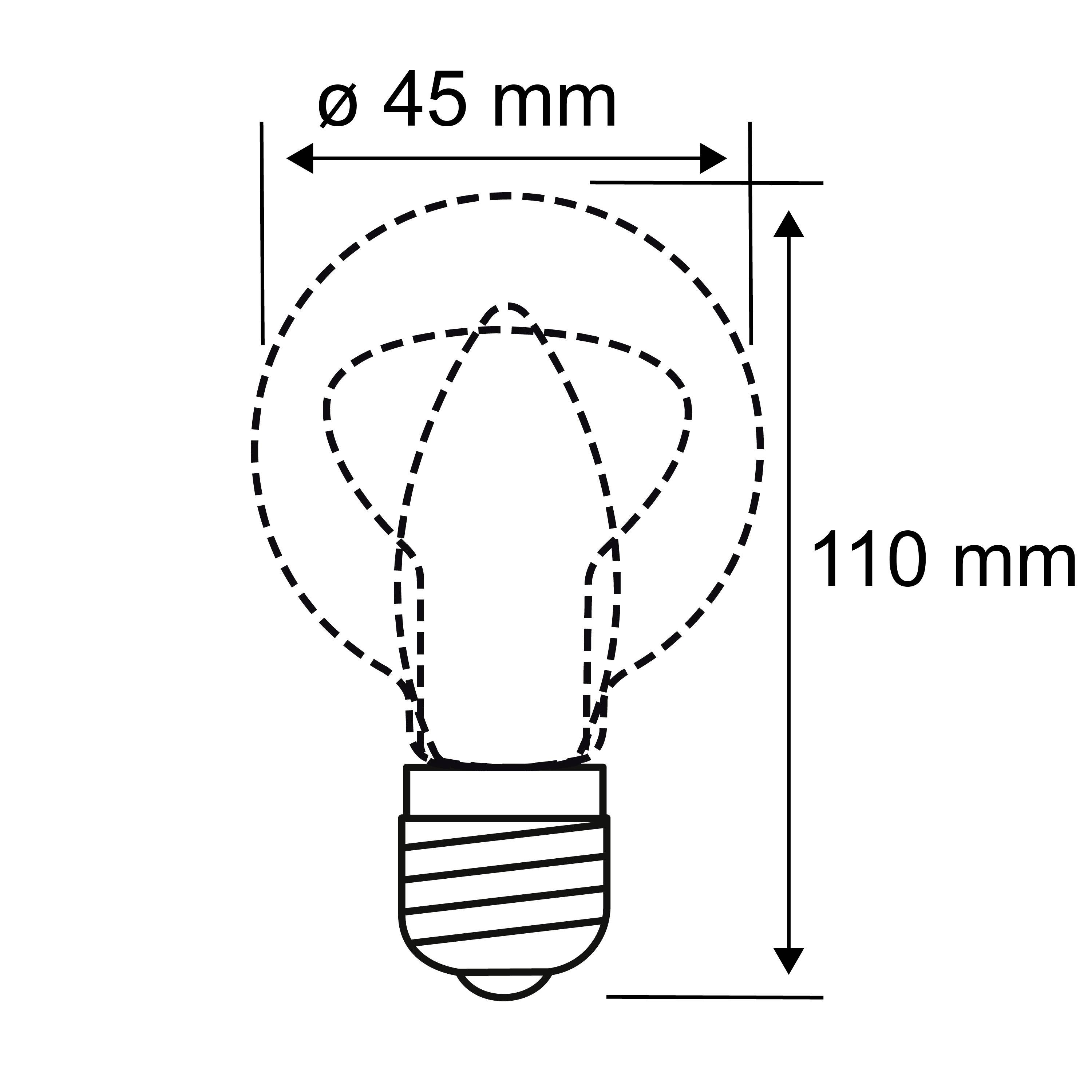 Eine gezeichnete Glühbirne mit den Maßen: Durchmesser 45 mm, Höhe 110 mm.