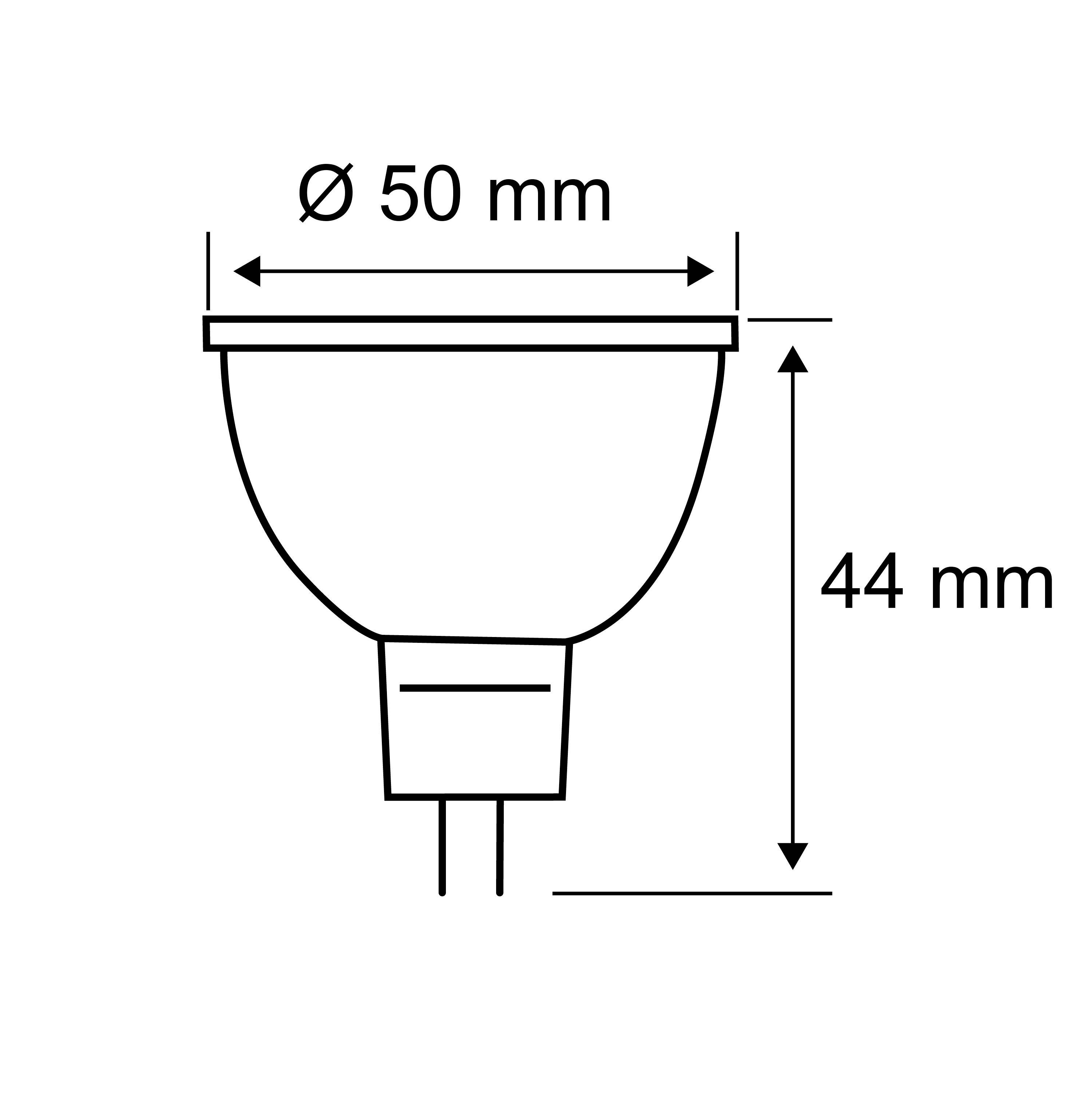 Skizze einer GU10-Glühbirne mit den Maßen 'Durchmesser 50 mm' und 'Höhe 44 mm'.
