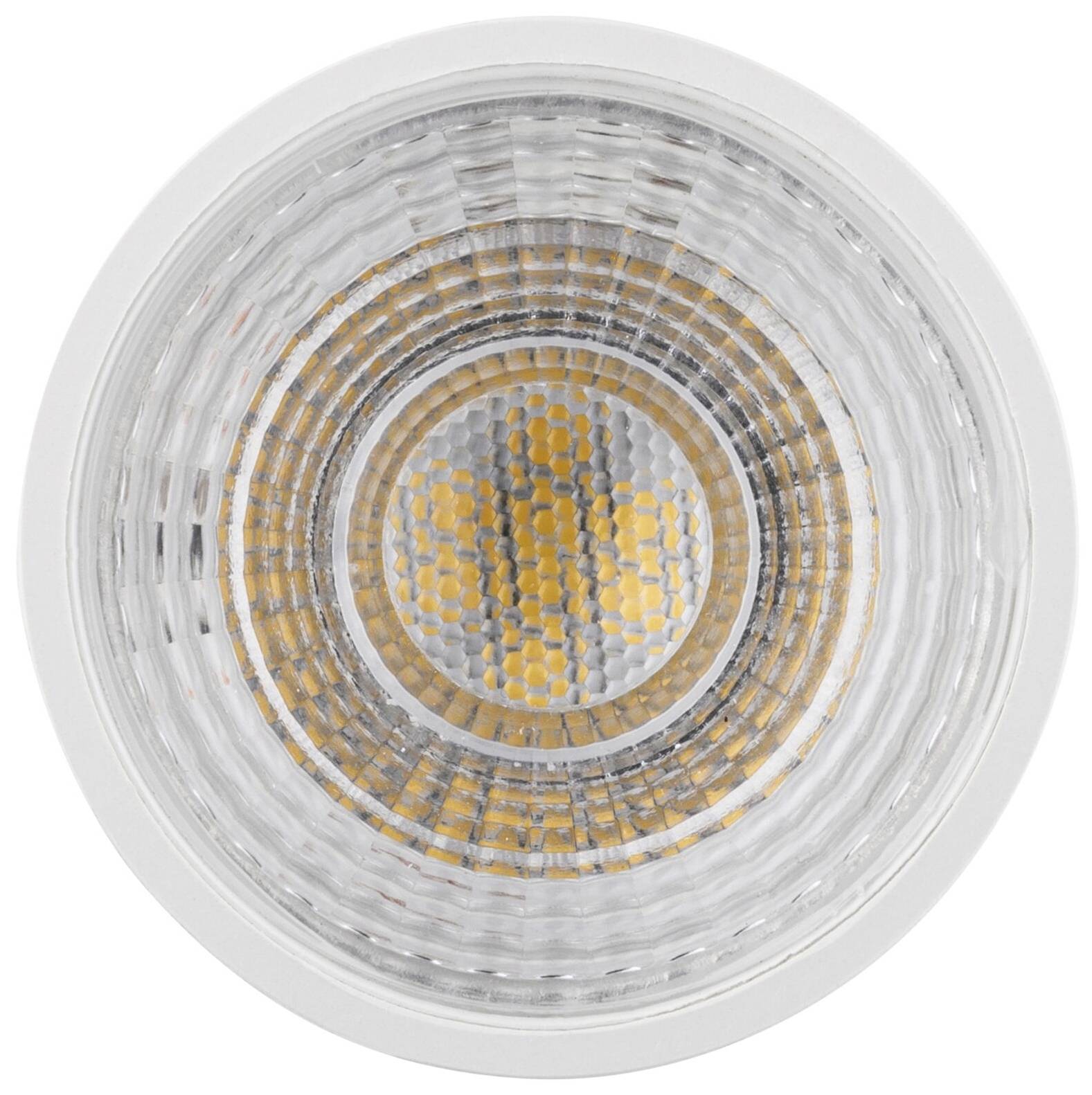 Runde LED-Lampe mit klarer Abdeckung und sichtbarem gelbem Innenleben.