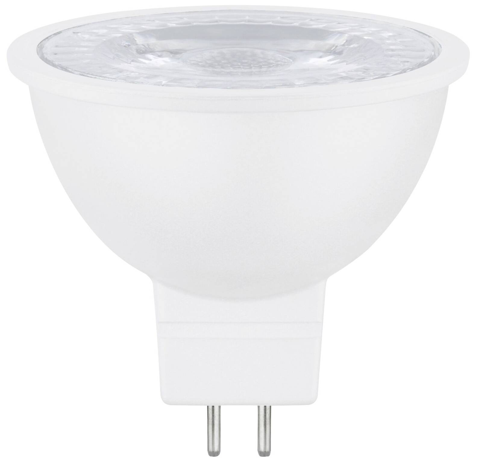 Weiße LED-Lampe mit GU5.3-Stecker, geeignet für Energiespareinsätze in Wohnbereichen.