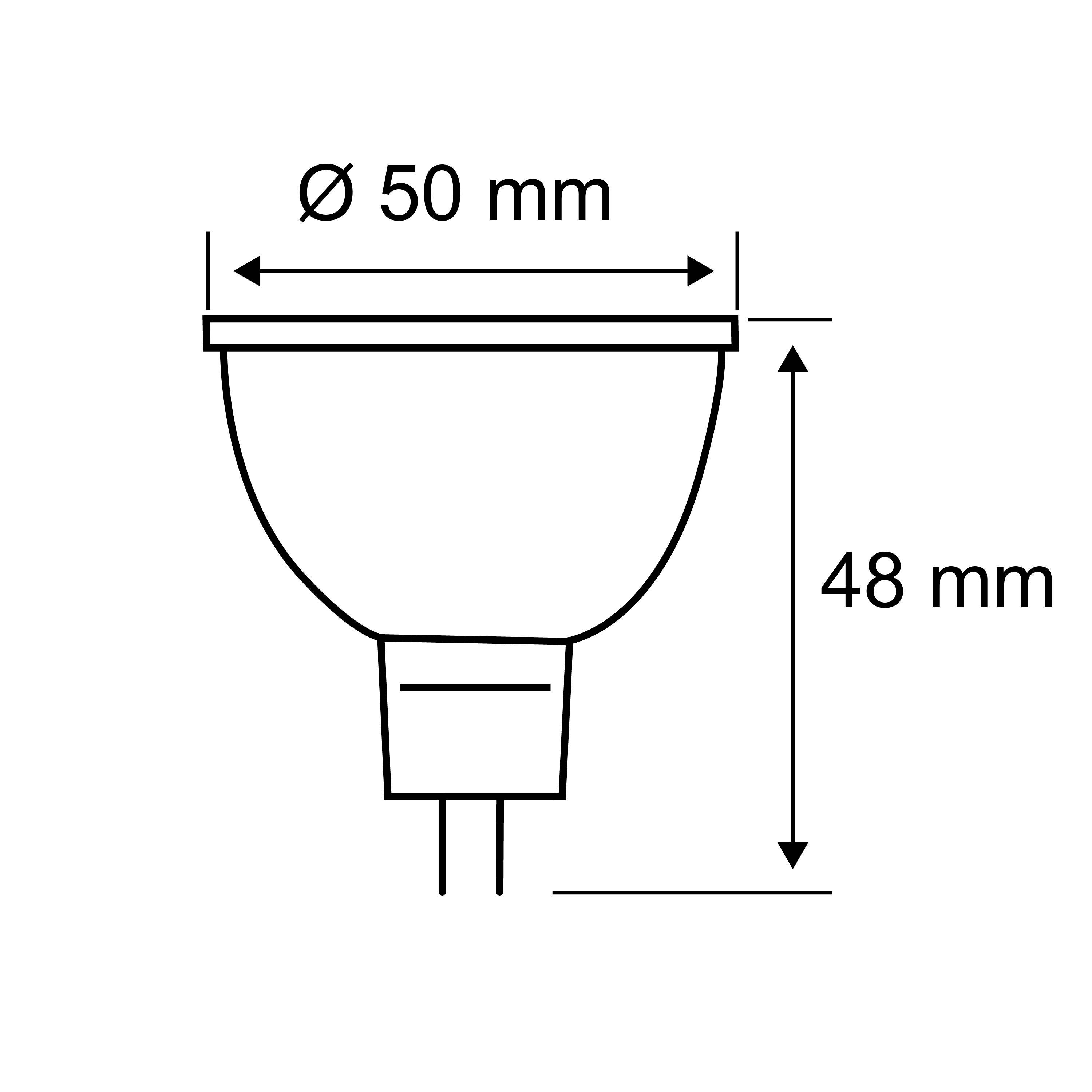 Zeichnung einer GU10 LED-Lampe mit Maßen: Durchmesser 50 mm, Höhe 48 mm. Geeignet zur Visualisierung technischer Spezifikationen.