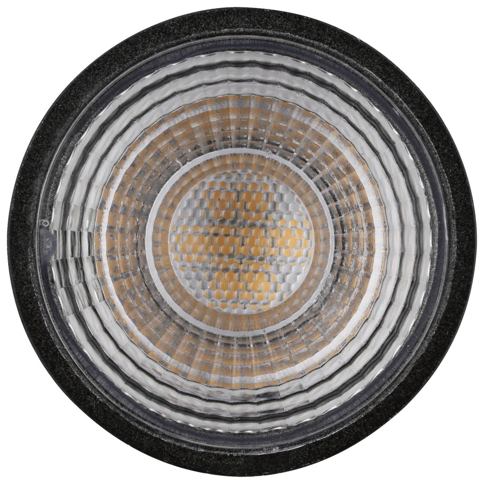 Ansicht von oben einer LED-Lampe. Sichtbare konzentrische Kreise um das zentrale Leuchtelement. Edelstahl-Design.