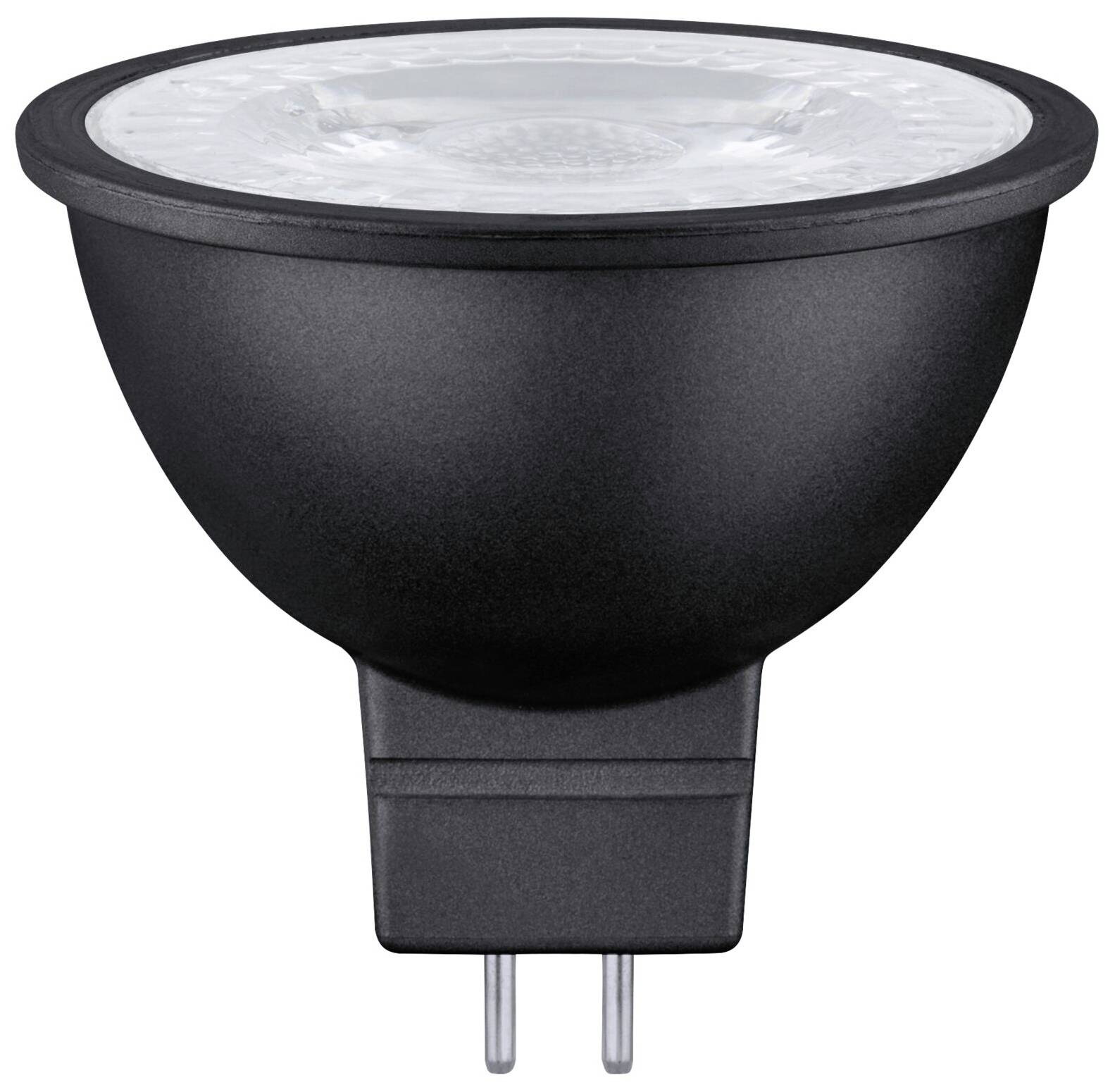 LED-Lampe mit GU5.3-Sockel, schwarzes Gehäuse, klarer Lichtaustritt, häufig für Spotbeleuchtung und energieeffiziente Anwendungen verwendet.