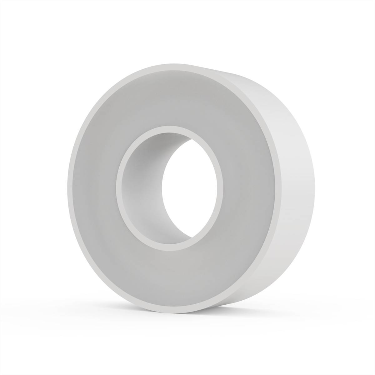 Ein schlichtes, weißes Donut-förmiges Objekt vor weißem Hintergrund, möglicherweise ein Symbol oder Logo.