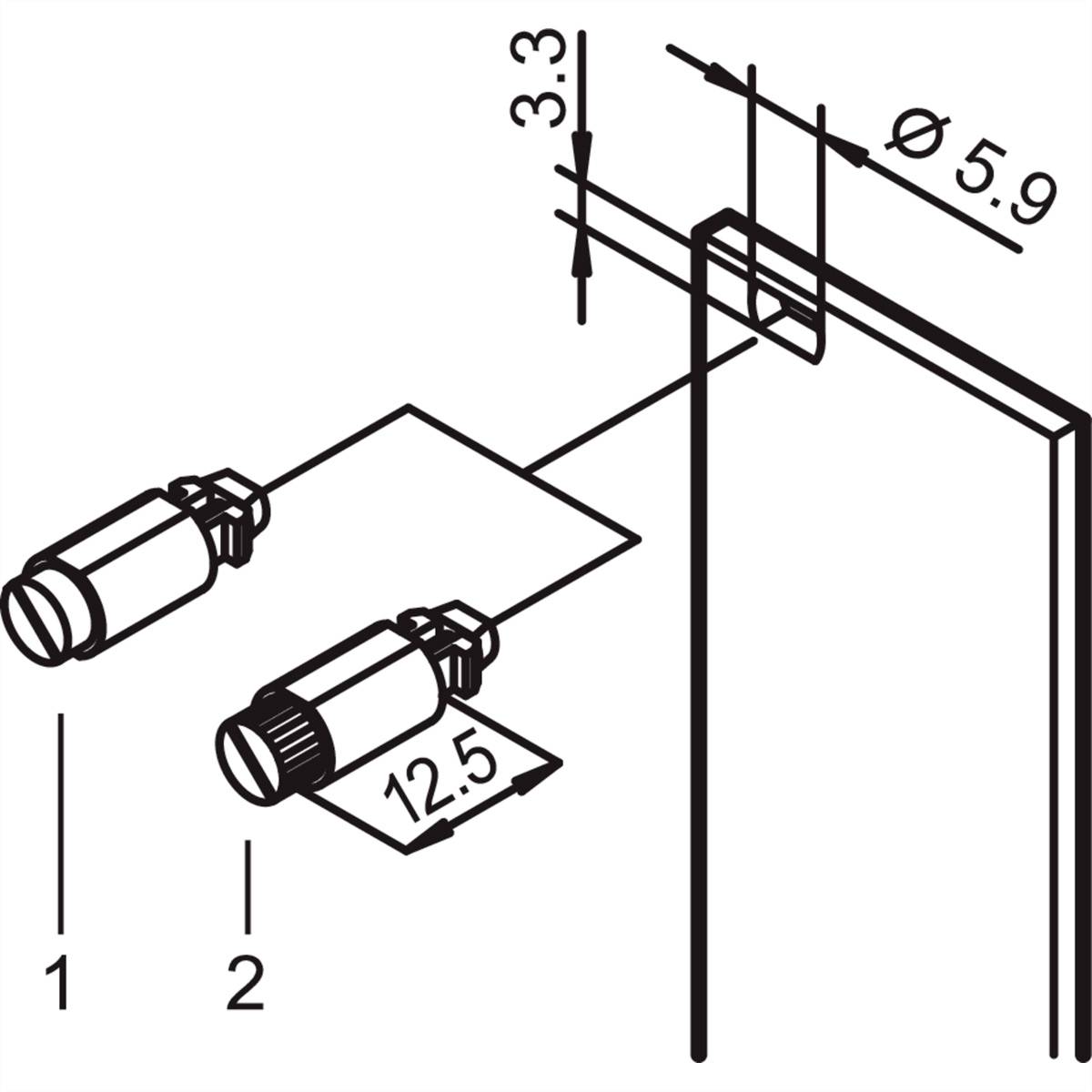 Technische Zeichnung eines rechteckigen Rahmens mit zwei zylindrischen Elementen. Maße: 3,3 und 5,9 mm Durchmesser, 12,5 mm Länge.