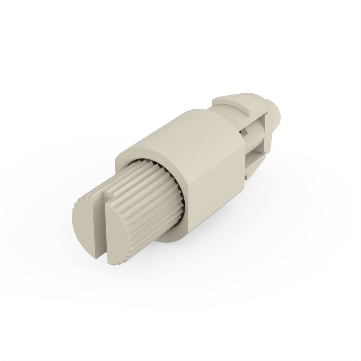 Eine beige, zylindrische Steckverbindung mit geriffeltem Griff, geeignet für Glasfaserkabel.