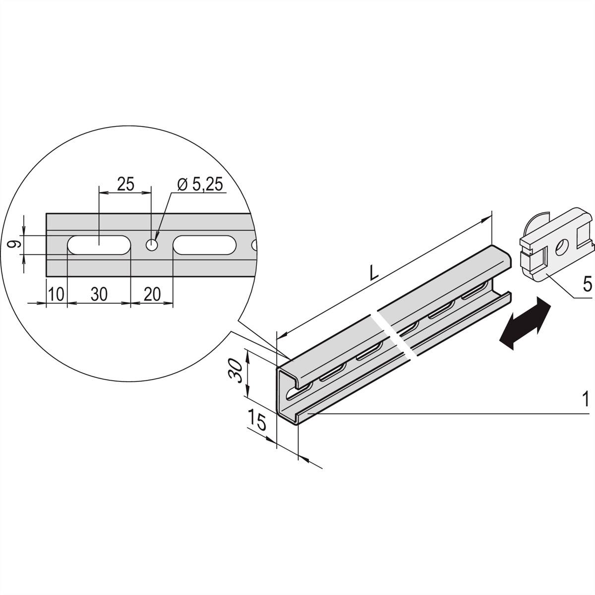 Technische Zeichnung einer Metallführung mit Maßen in Millimetern: Länge 30 mm, Breite 10 mm, Lochdurchmesser 5,25 mm. Verbindungsstück rechts.