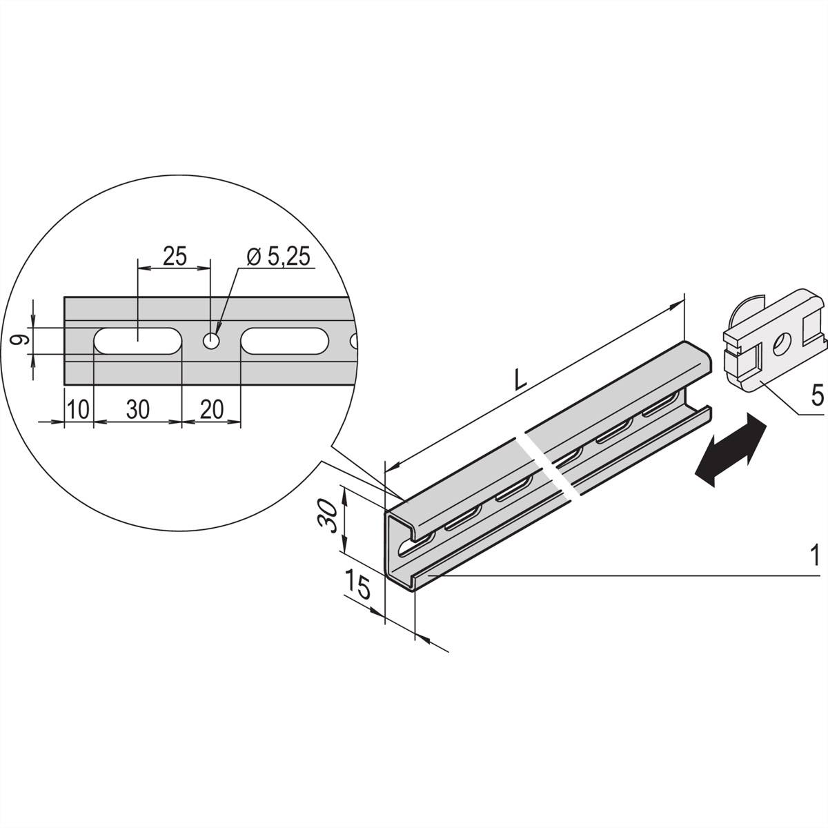 Technische Zeichnung eines Bauteils mit Maßen: Rechteckige Form, Bohrungen im Abstand von 30 mm, detaillierte Bemaßung und Perspektive.