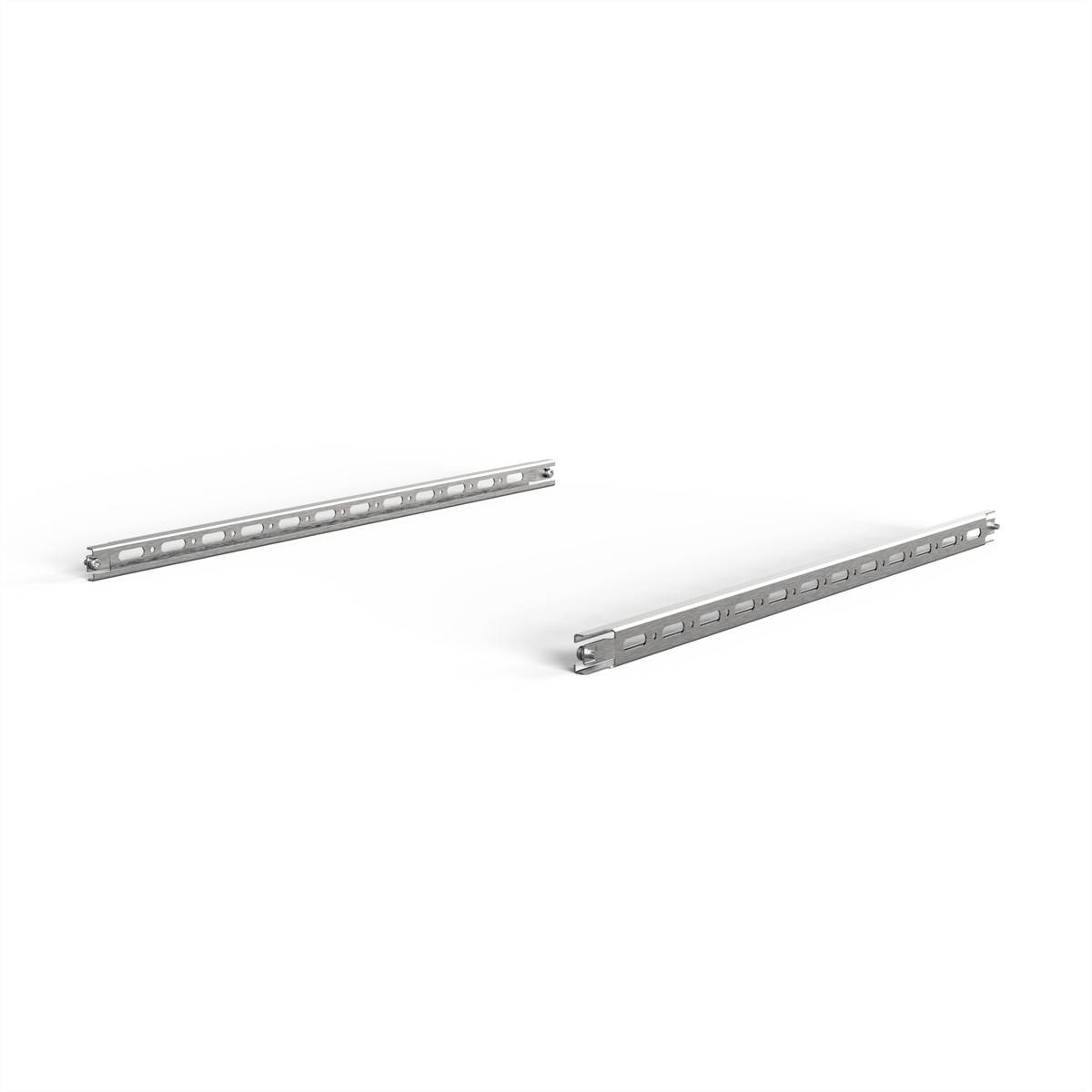 Zwei lange, silberfarbene Schienen liegen parallel auf weißem Hintergrund; geeignet für Regal- oder Montagesysteme.