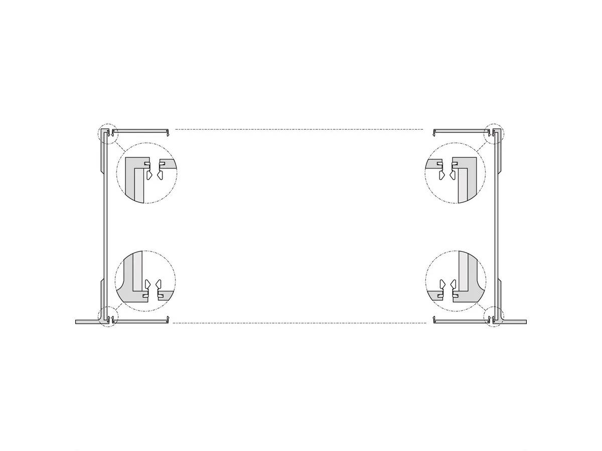 Technische Zeichnung eines rechteckigen Metallrahmens mit Verbindungen an jeder Ecke, Schnittansicht von oben.