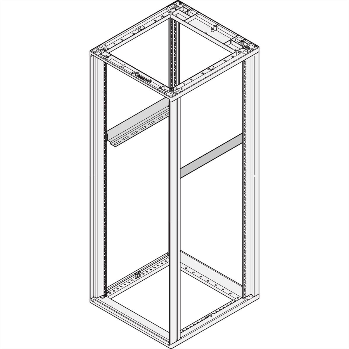 Ein offenes Metallgestell für Serverracks. Rechteckige Form, mit vertikalen und horizontalen Streben. Keine sichtbaren Geräte.