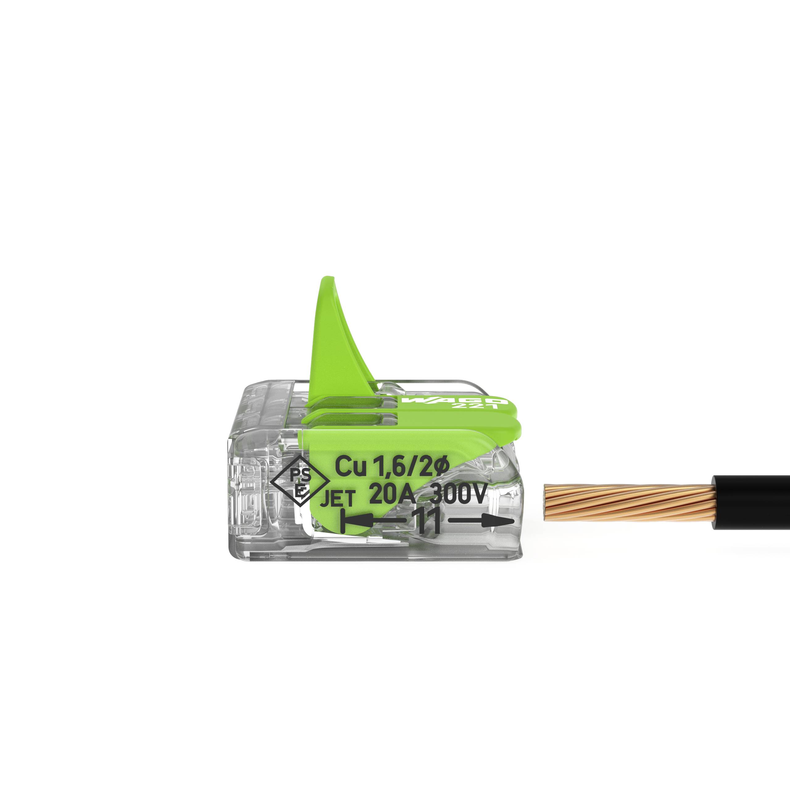 Ein grüner Hebelklemmenverbinder mit eingestecktem Kupferdraht. Aufschrift: 'Cu 1,6/2,5 JET 20A 300V' zeigt Spezifikationen und Verwendung.