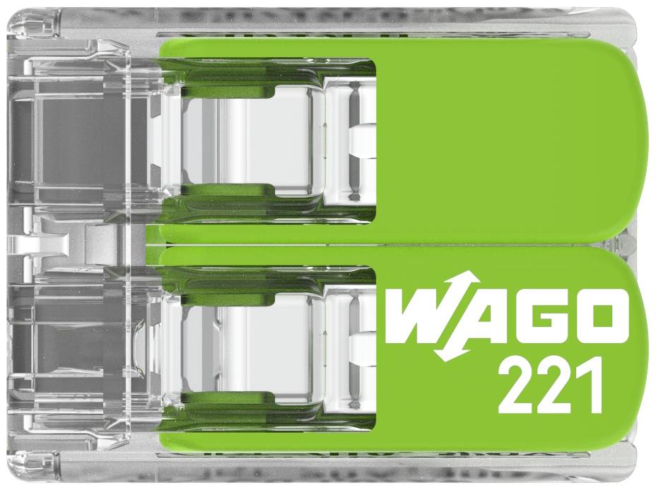 Ein grüner WAGO 221 Anschlussklemmenblock mit transparenten Elementen, der für sichere und einfache Stromverbindungen verwendet wird.