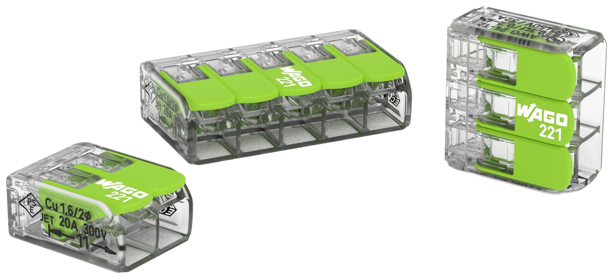 Drei transparente WAGO-Verbindungsklemmen mit grünen Details, geeignet für verschiedene Drahtgrößen, auf weißem Hintergrund.