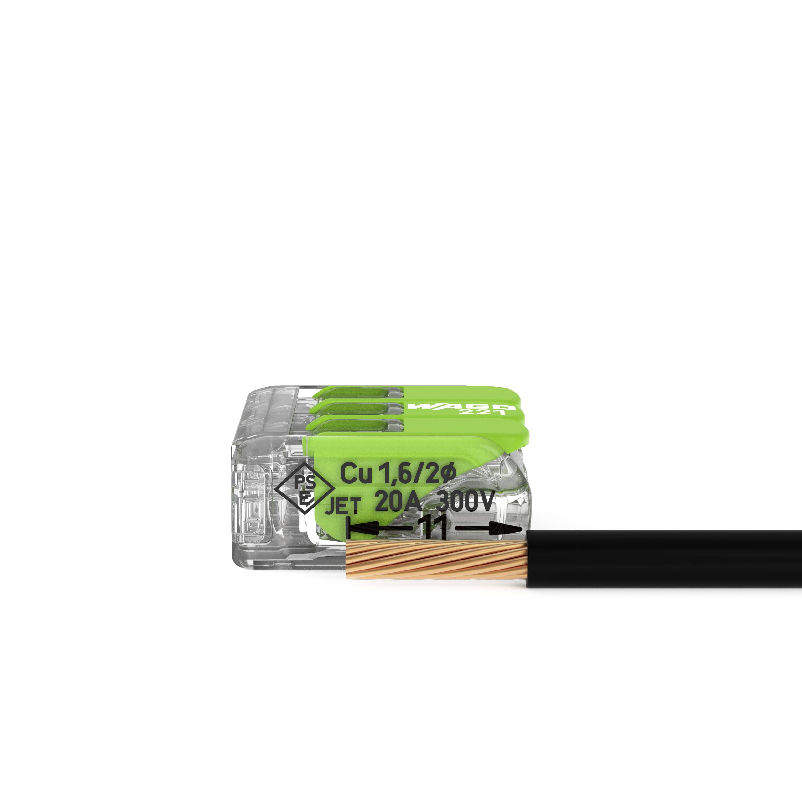 WAGO 221-423 221 Verbindungsklemme flexibel: 0.14-4 mm² starr: 0.2-4 mm² Polzahl: 3 50 St. Transparent, Grün