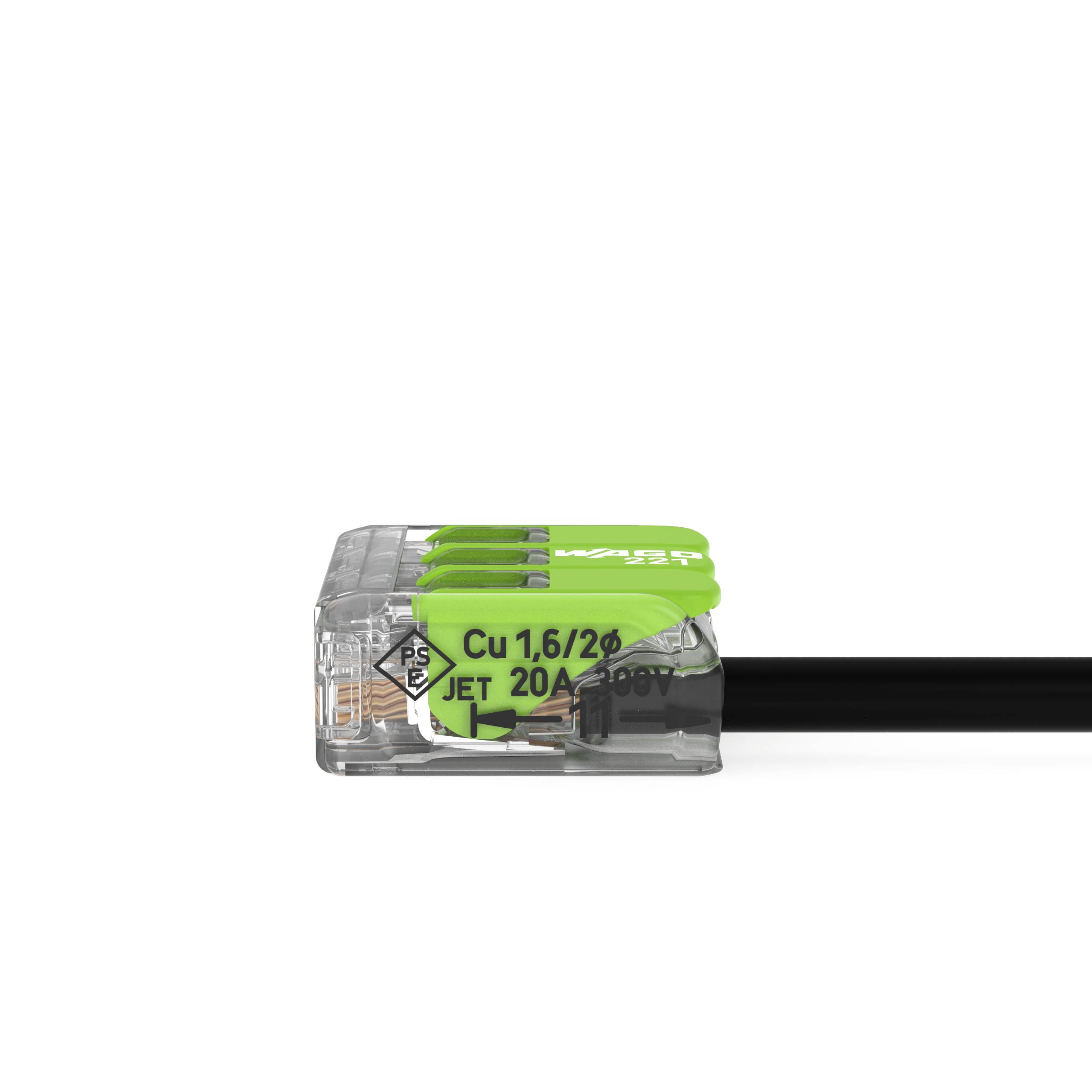 WAGO 221-423 221 Verbindungsklemme flexibel: 0.14-4mm² starr: 0.2-4mm² Polzahl: 3 50 St. Transparent, Grün