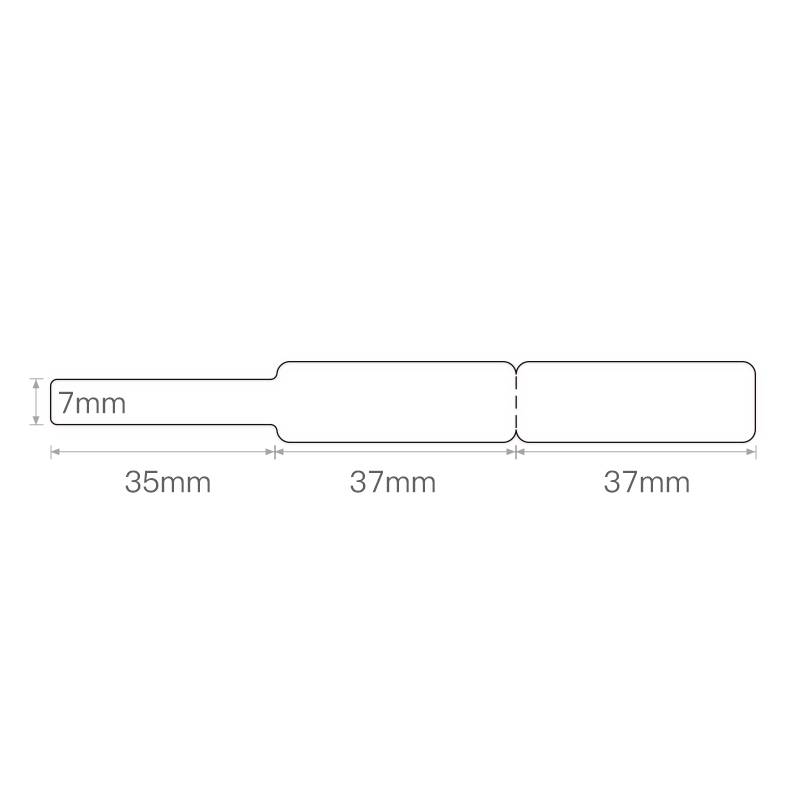 Diagramm einer flachen Metallklinge: Links 35mm L, 7mm B; Mittelteil 37mm L; Rechts 37mm L. Maße markieren die Höhe.