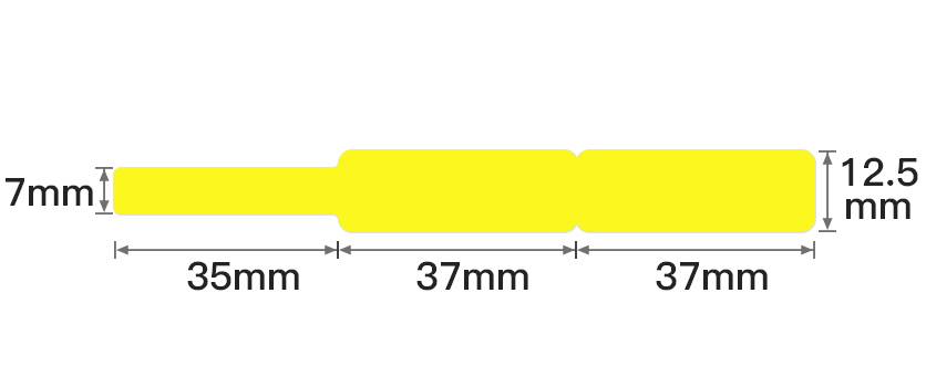 Gelbe technische Zeichnung zeigt ein gestuftes Objekt mit Maßen: 35mm, 37mm, 37mm Länge, 7mm und 12,5mm Höhe.