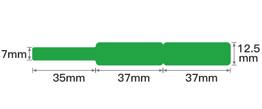 Eine grüne Form zeigt drei Abschnitte mit Längen von 35 mm, 37 mm und 37 mm. Breiten sind 7 mm und 12,5 mm.