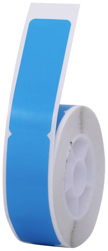 Blaue, rechteckige Aufkleberrolle mit abgerundeten Ecken auf einer weißen Spule, geeignet für Etikettierungen oder Markierungen.