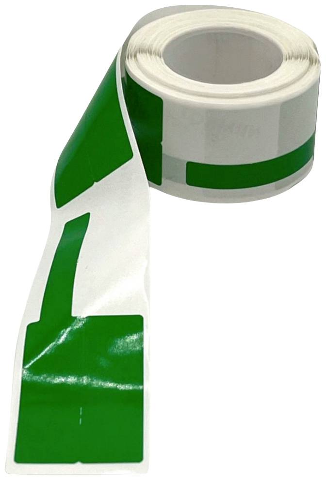 Rolle mit grünen und weißen Aufklebern. Die Aufkleber haben ein abstraktes Design mit abwechselnden Farben.